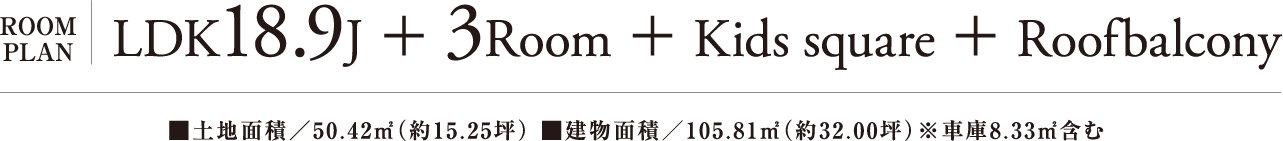 ROOM PLAN | LDK18.9J+3room+Kids square+Roofbalcony | ■土地面積／50.42㎡（約15.25坪） ■建物面積／105.81㎡（約32.00坪）※車庫8.33㎡含む